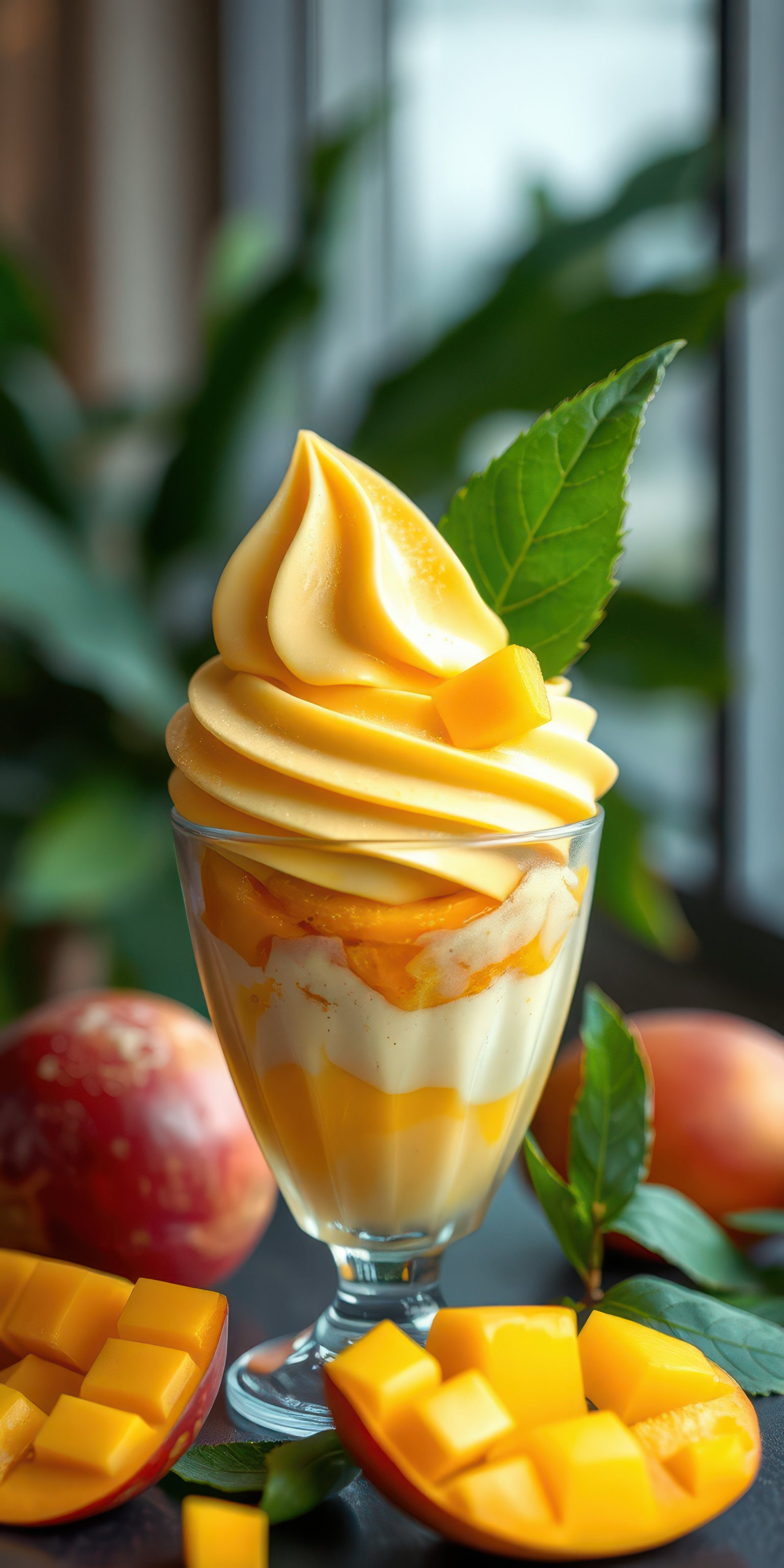 Delicious mango swirl dessert with fresh fruit and creamy layers in a decorative glass